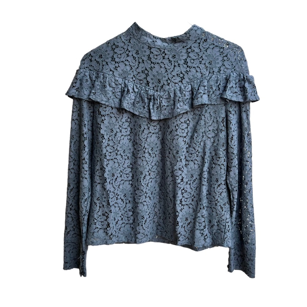 MONOPRIX Gray Lace Long Sleeve Romantic Ruffle Detail Victorian Blouse Mwdium